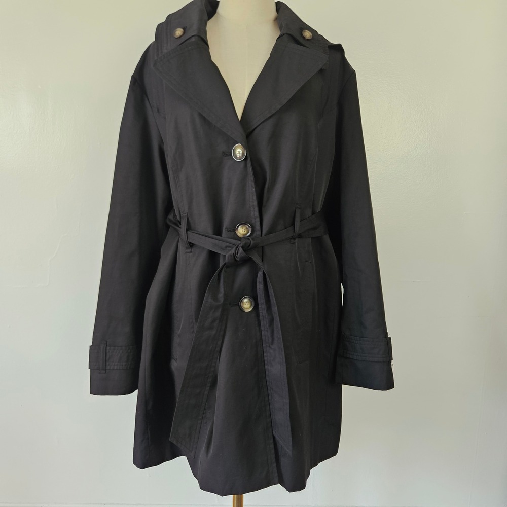 London Fog Double Lapel Belted Trench Coat Sz XL Black Hooded Peacoat Jacket